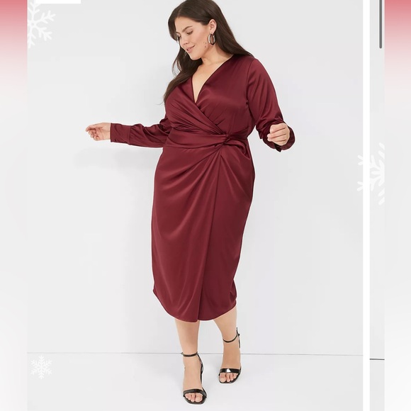 Lane Bryant Stretch Satin Surplice Knot Front Midi Dress 22/24 Burgundy - Picture 2 of 6